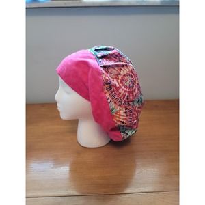 Surgical Dental Chemo Hat Bouffant Style Tie Dye with Pink Flannel Satin Ribbons